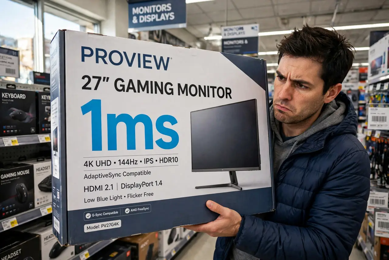 A person reading a real monitor box in a store showing '1ms' printed large and legible, the person's face skeptical,