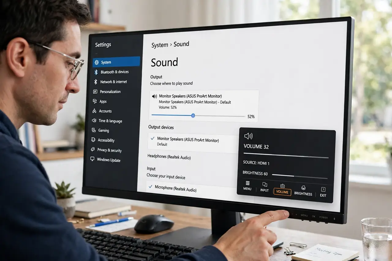 A calm adult at a desk clicking the volume icon on a real monitor's on-screen menu, the computer screen showing sound output settings with legible text, the person selecting the monitor.