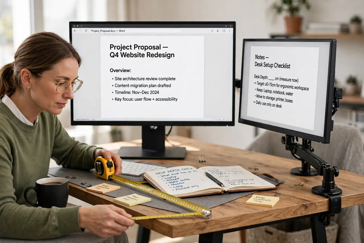 A person performing step 1 of the guide: Measure the desk depth you have. Check how deep your desk is and what must live on it. On a shallow desk, a stand's big base eats...