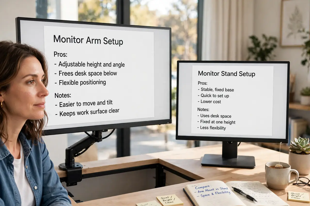 a calm adult at a desk comparing a real monitor on an arm with the desk clear underneath versus a monitor on a stand, both screens showing normal documents with legible text