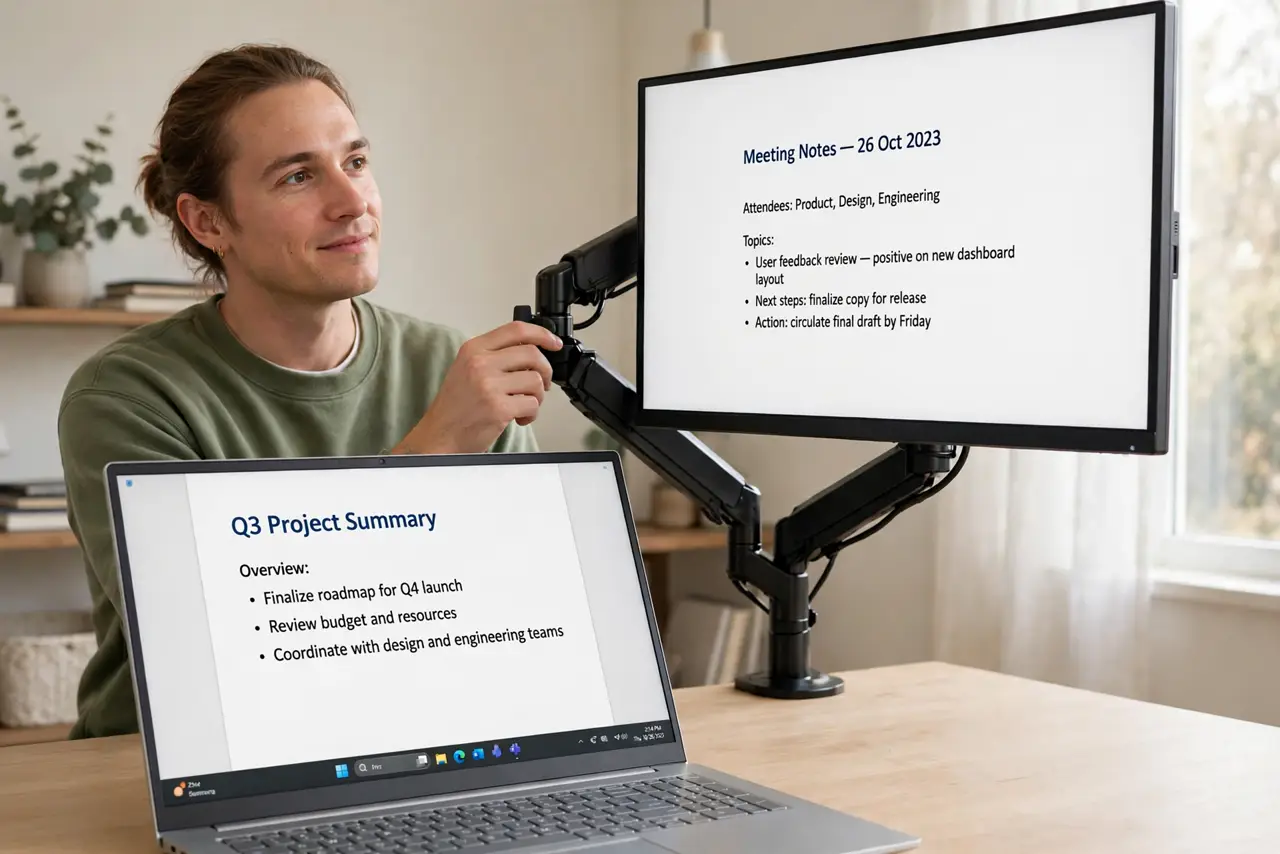 a person adjusting a real monitor on a real monitor arm at a desk, the screen at eye level showing a legible document, the desk surface clear underneath, the person's face comfortable, bright home office.