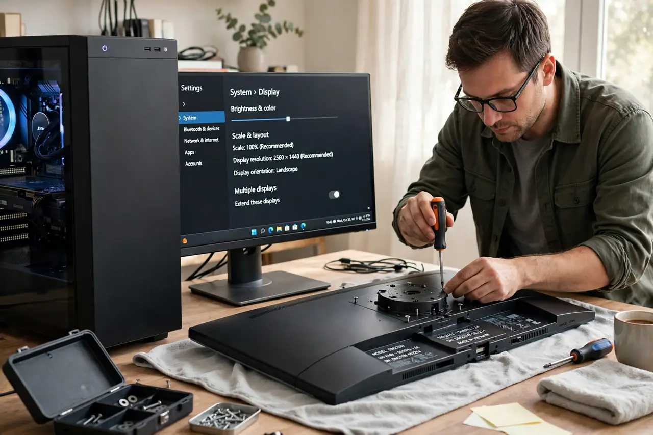 Monitor Stand Wobbles? Stabilize It Safely — step 1 being performed on the device.