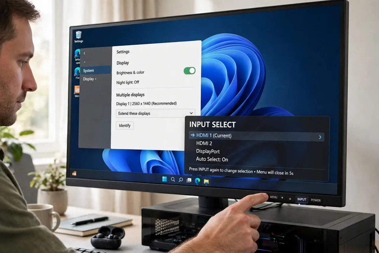 Monitor Stuck on One Input? Switch It Back — step 1 being performed on the device.