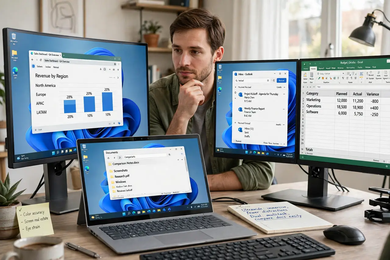 a person at a desk comparing two real setups side by side: one large curved ultrawide monitor and two standard monitors, both showing legible desktops, the person's face thoughtful, bright home office.