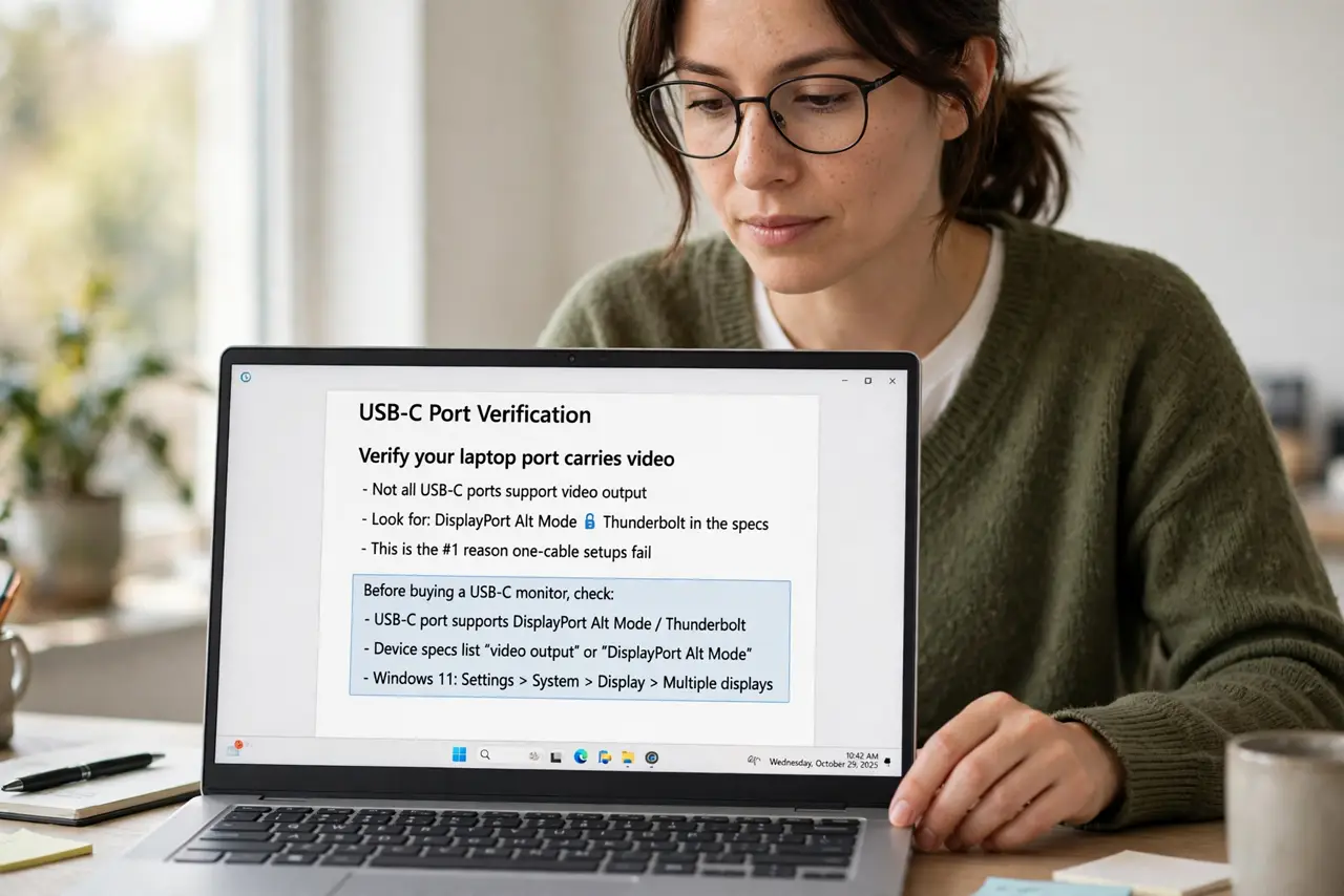A person performing the first step of the guide: Verify your laptop port carries video.