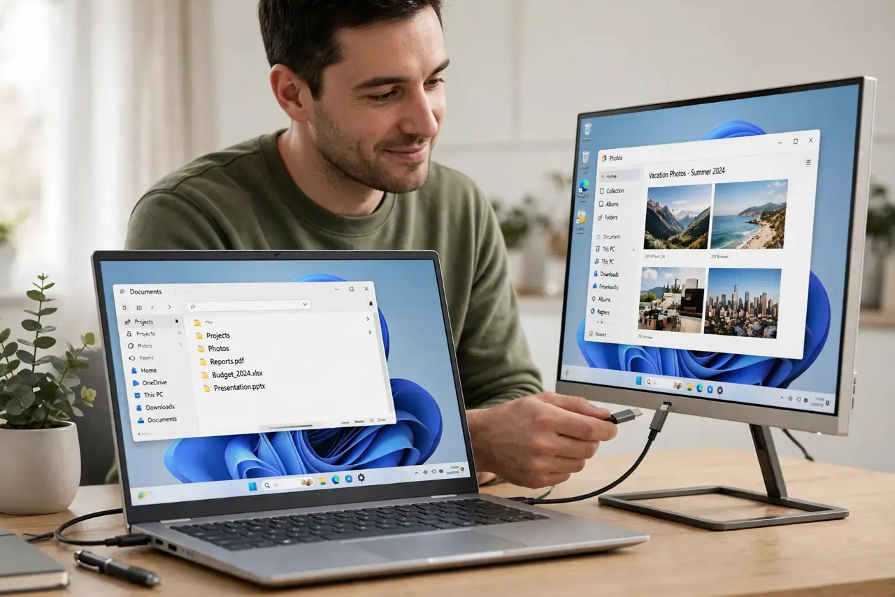 a person plugging a single real USB-C cable from a real laptop into a real monitor on a clean desk, the monitor showing a desktop with legible windows, the person's face satisfied, minimal setup.