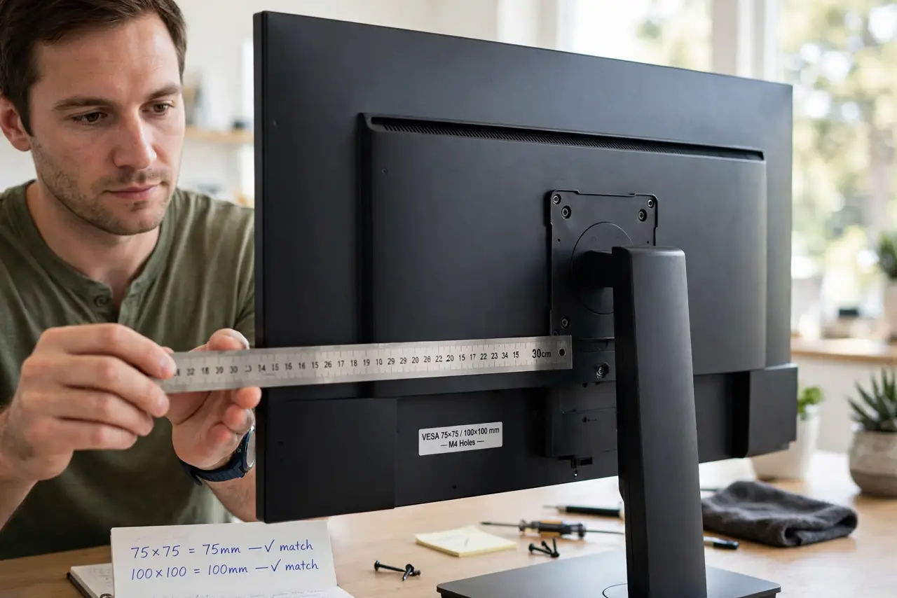 A person performing the first step: Find your monitor's VESA pattern. Check the manual or measure the hole spacing.