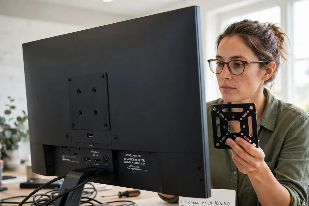 A person examining the back of a real monitor showing the four VESA mounting holes clearly, holding a mounting bracket