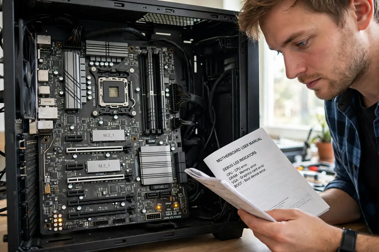 A person performing the first step: Find the LEDs. Near the 24-pin power connector or the board edge. Your manual shows.