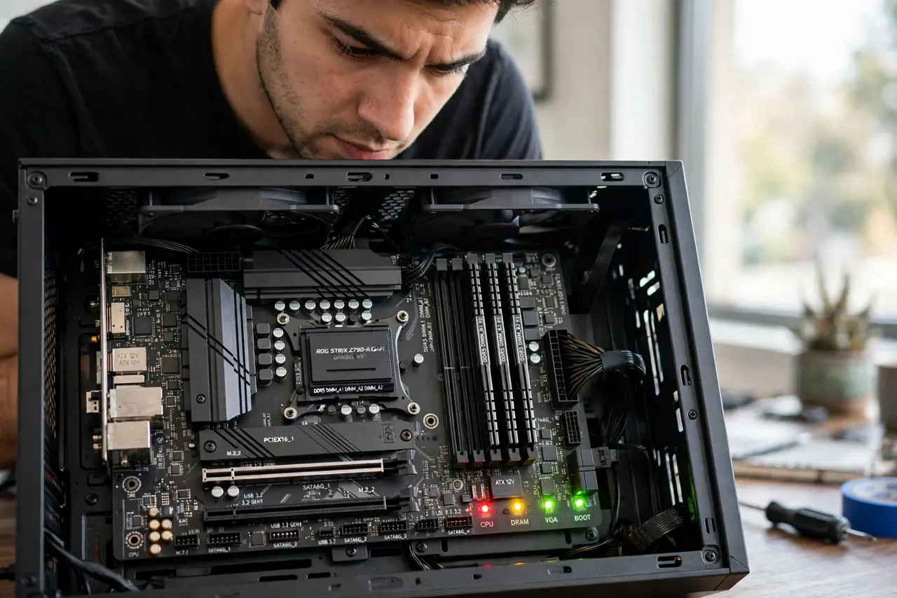 A person looking closely at a real motherboard inside a PC case, four small debug LEDs glowing near the edge, the