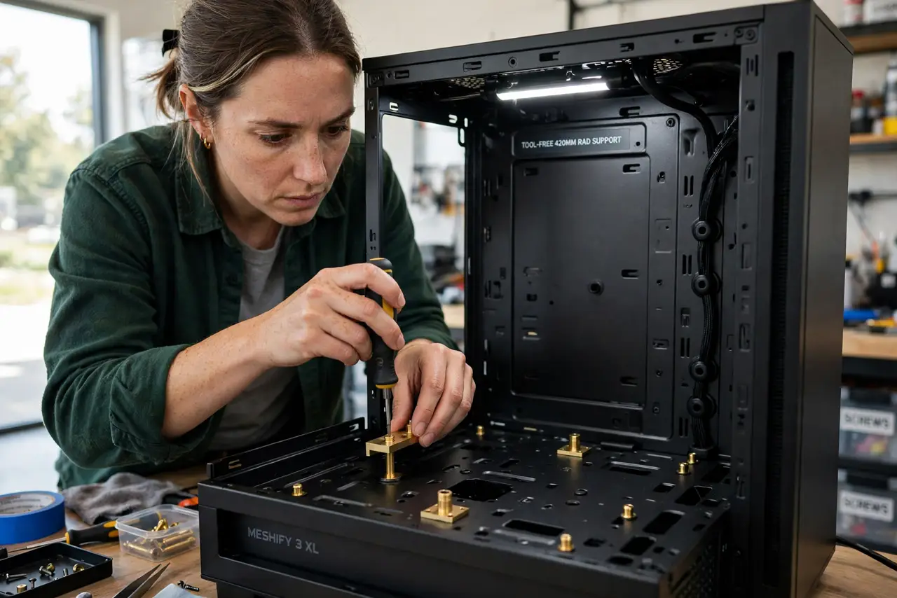 A person's hands screwing a brass motherboard standoff into a desktop PC case with a small tool, the case interior