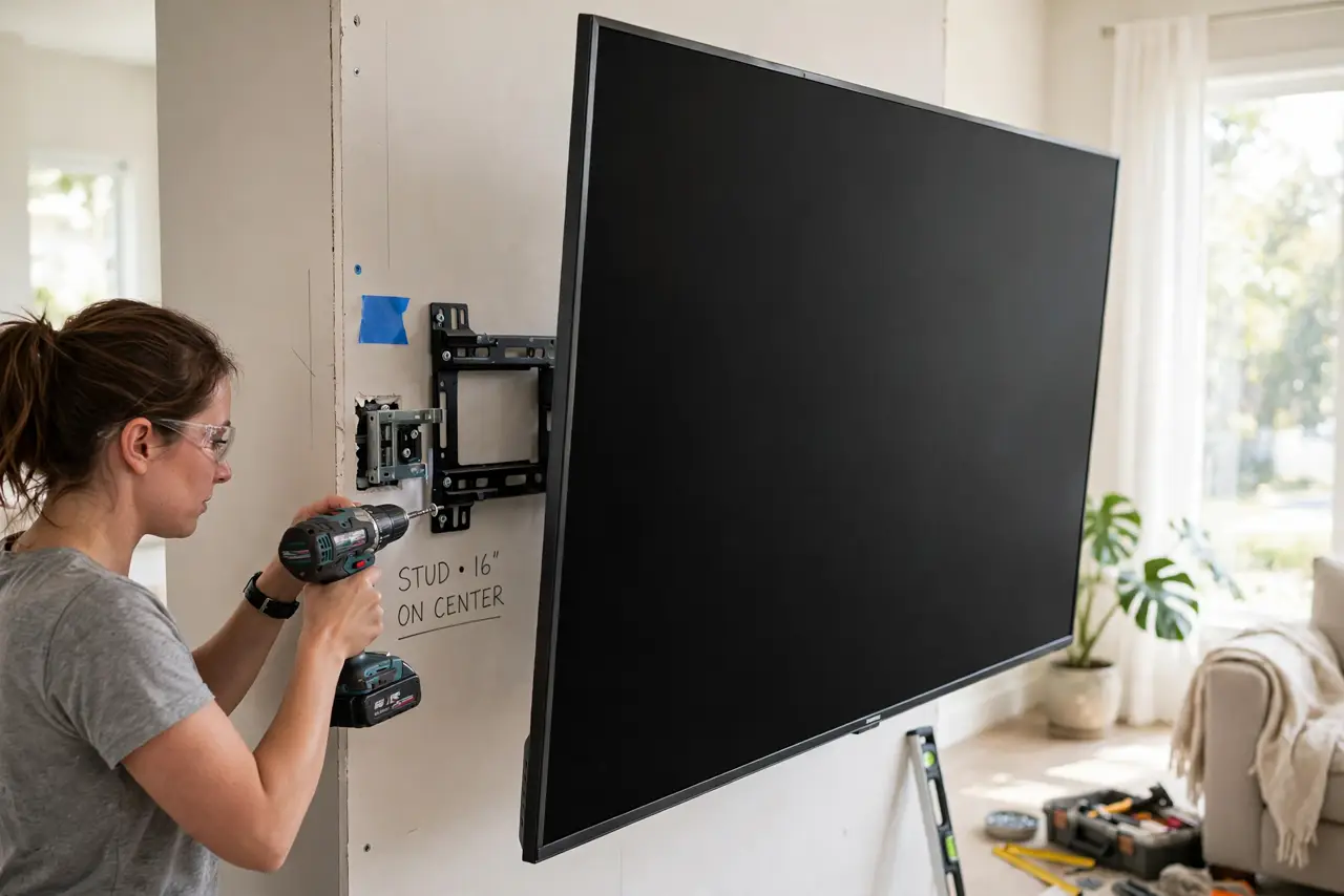 A person mounting a real flat-screen TV on a living room wall, holding a drill near a marked stud, the TV bracket partially attached, the person's face concentrated,.
