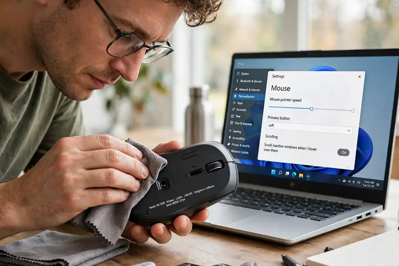 Step 1 in action for Mouse Cursor Jumps Around: Clean the sensor. Turn the mouse over and wipe the sensor lens with a dry microfiber cloth