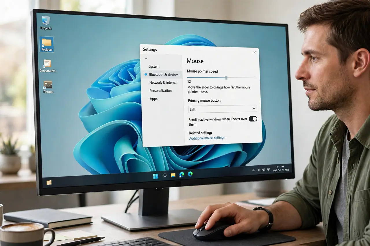 Calm adult clicking once on a folder with the mouse while Windows Mouse settings are open