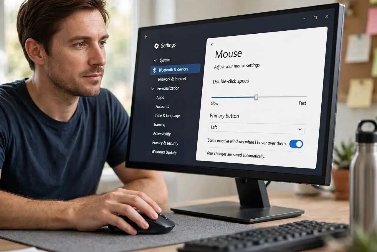 Calm adult with a hand on a mouse, Windows Mouse settings open on the monitor behind