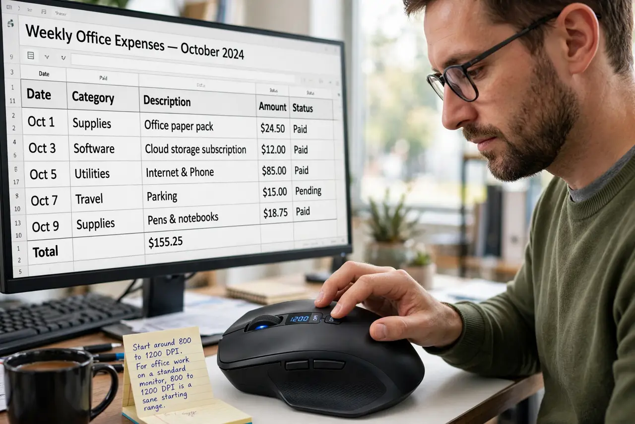 A person performing step 1 of the guide: Start around 800 to 1200 DPI. For office work on a standard monitor, 800 to 1200 DPI is a sane starting range. It moves the pointer...