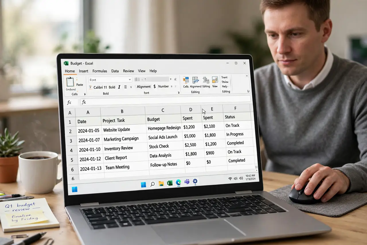 a calm adult at a desk moving a real mouse on a pad, the monitor showing a normal spreadsheet with legible text and the pointer visible mid-screen