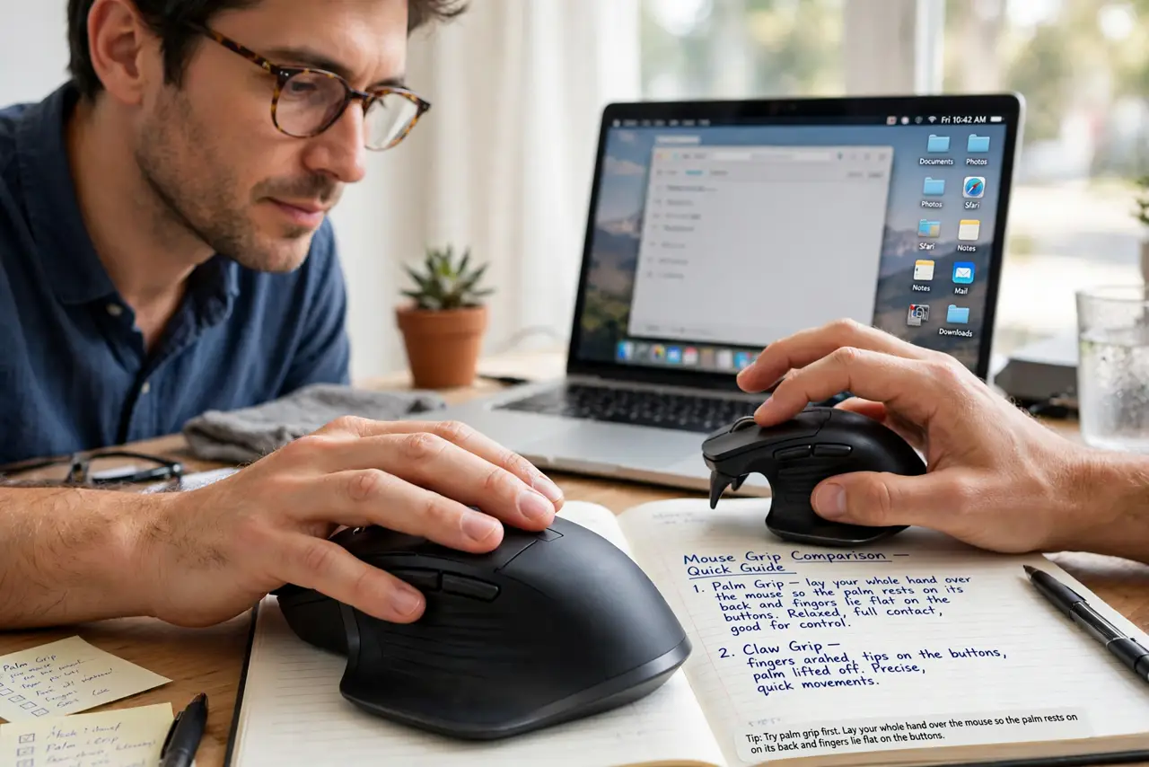 A person performing step 1 of the guide: Try palm grip first. Lay your whole hand over the mouse so the palm rests on its back and fingers lie flat on the buttons. Palm grip...