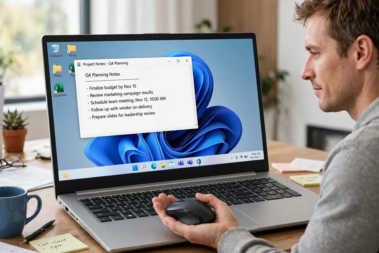a calm adult at a desk holding a real computer mouse in a relaxed palm grip, the hand clearly visible, a monitor showing a normal desktop with legible text