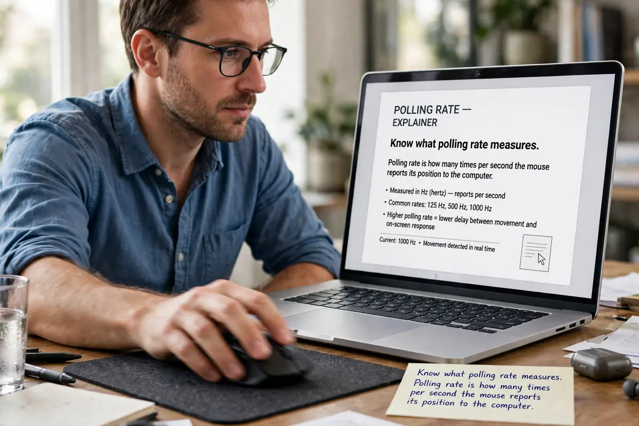 A person performing step 1 of the guide: Know what polling rate measures. Polling rate is how many times per second the mouse reports its position to the computer. A 1000 Hz...