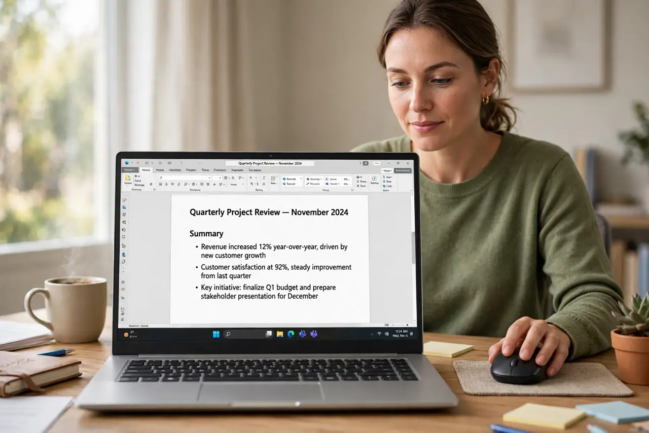 a calm adult at a desk using a real mouse on a pad, a monitor showing a normal document with legible text, the person working relaxed