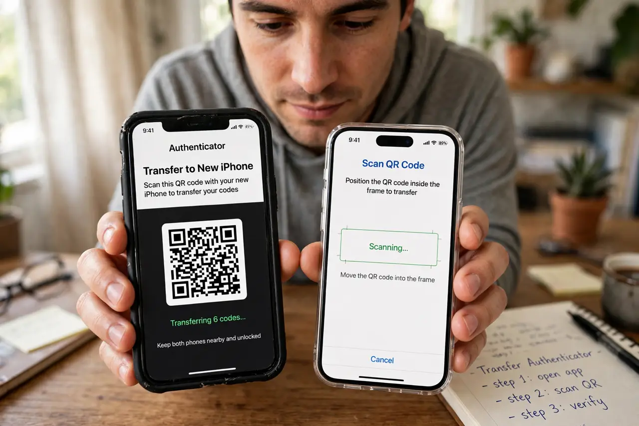 a person holding an old phone and a new phone side by side, transferring an authenticator app with a QR code visible on one screen, the person's face focused...