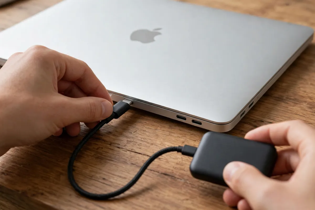 Hands plugging a portable external drive cable into a MacBook seen from behind on a wooden desk, with no screen visible.
