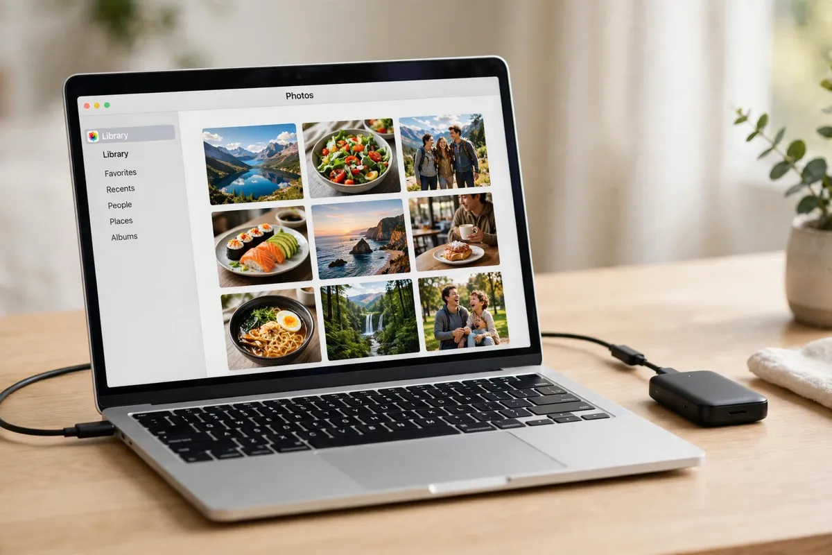 A MacBook showing the macOS Photos app grid of photos on a bright desk, connected by cable to a small black portable external drive.