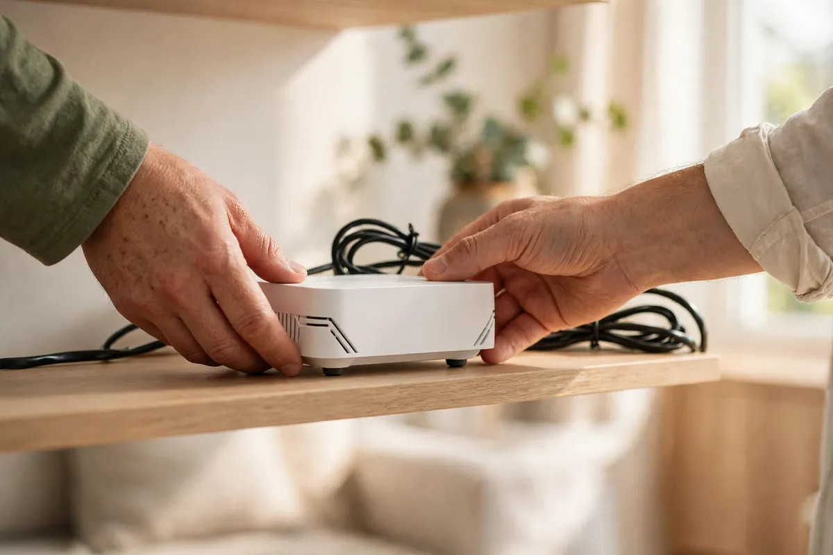 Hands placing a white router onto a clear open wooden shelf, with its cables neatly behind it.