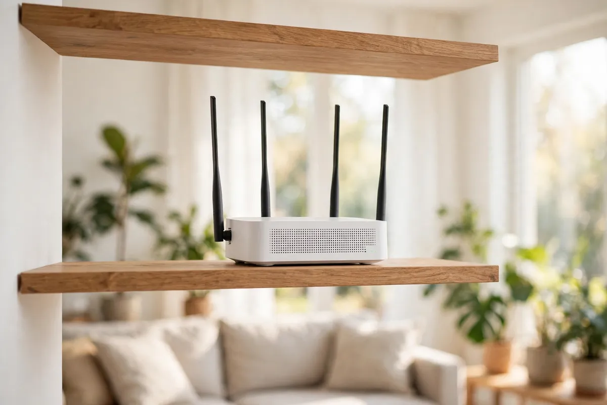 A white router with four antennas standing on a high open wooden shelf in a bright living room, with open air around it.