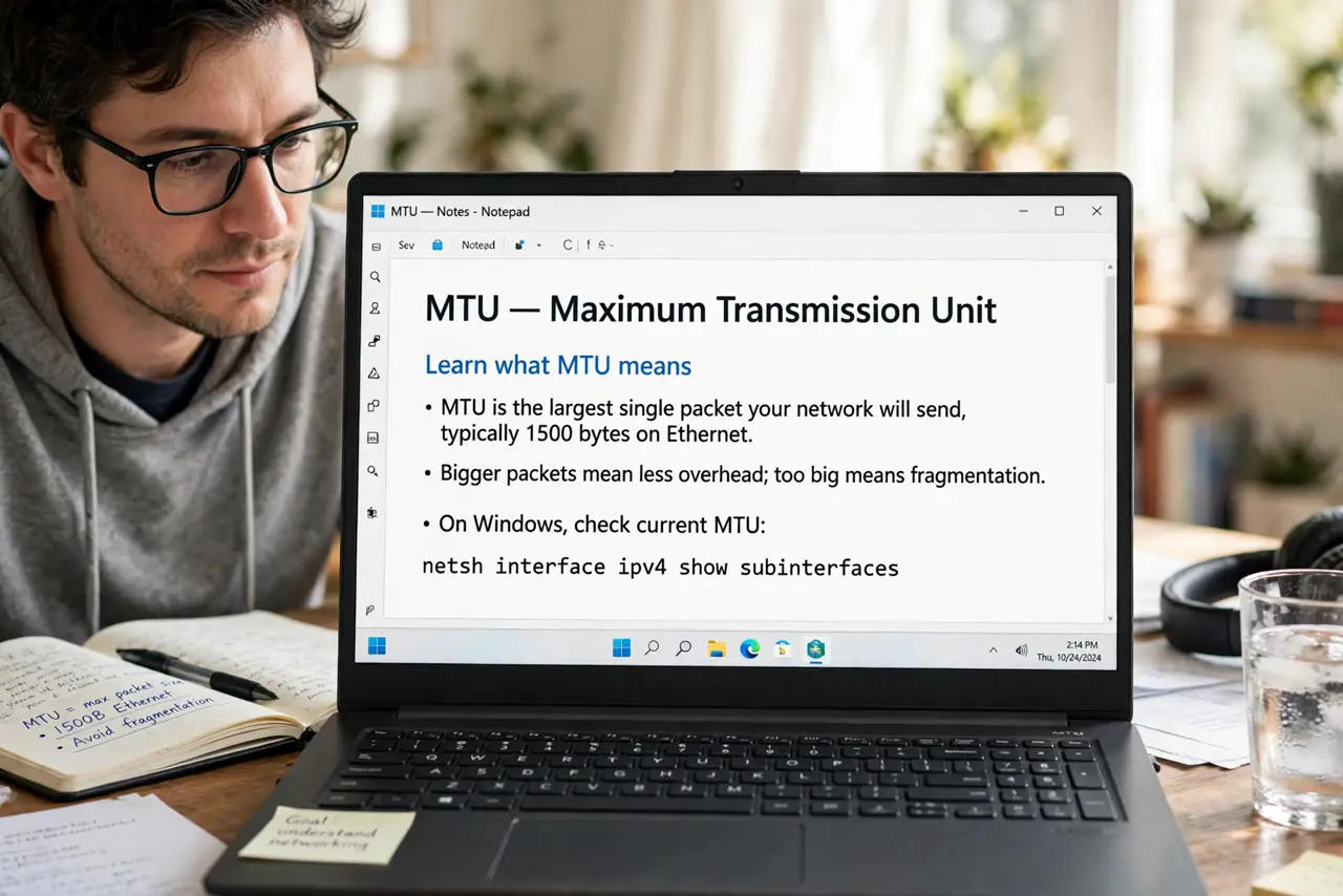 A person performing the first step of the guide: Learn what MTU means. Maximum Transmission Unit — the largest single packet your network will send, typically.