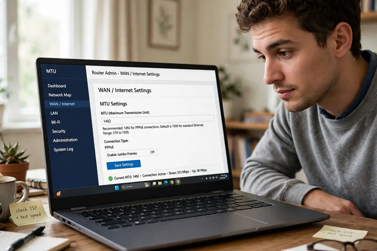 A person looking at a real router admin page on a laptop showing MTU settings with legible numbers, the person's face curious but cautious, home.