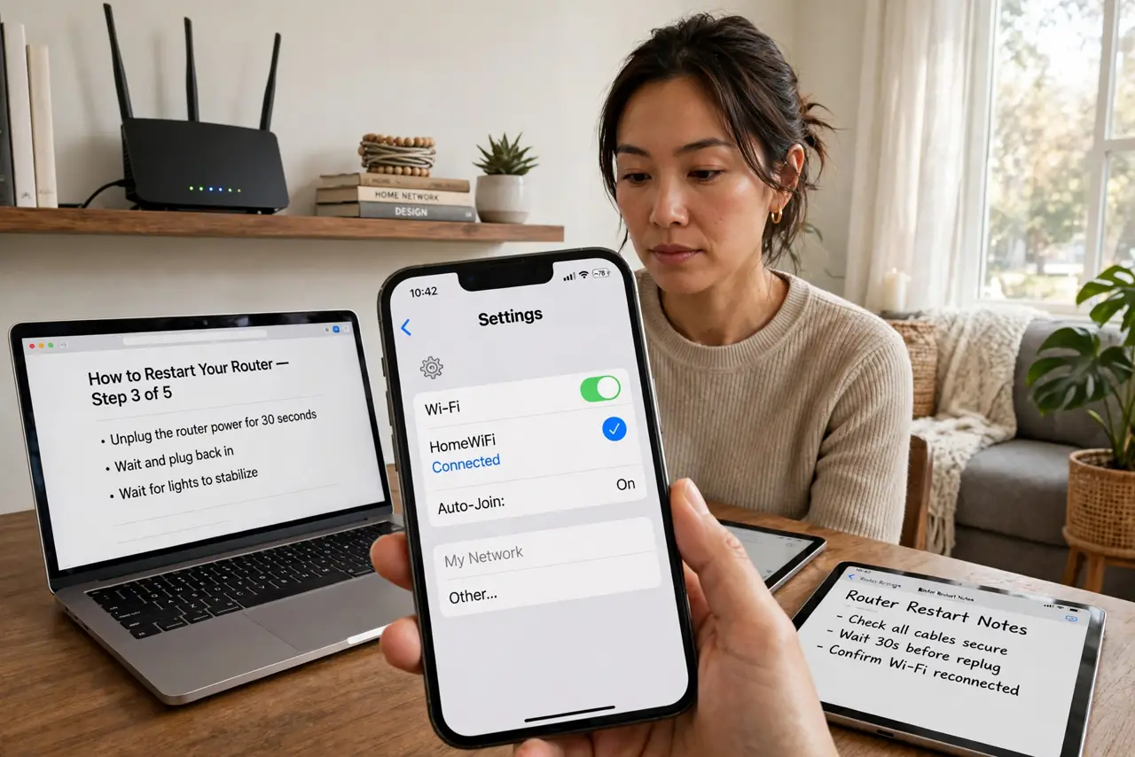 a person in a real living room with several real devices (phone, laptop, tablet) in use around them and a real router on a shelf, the person's face neutral a...
