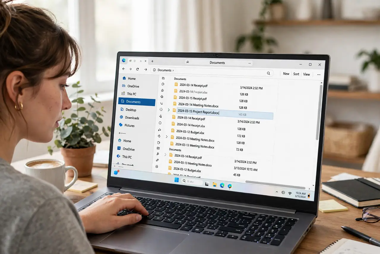 Photoreal photo of a person performing the first step: Put the date first. Start filenames with YYYY-MM-DD. Files then sort chronologically automat...