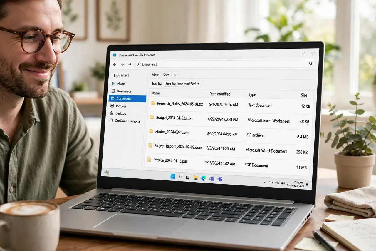 Photoreal photo: a person at a real computer showing a legible file browser with clearly named files in date order, the person's face satisfied, bright home office. No black screen, no blank white screen, no fake o...