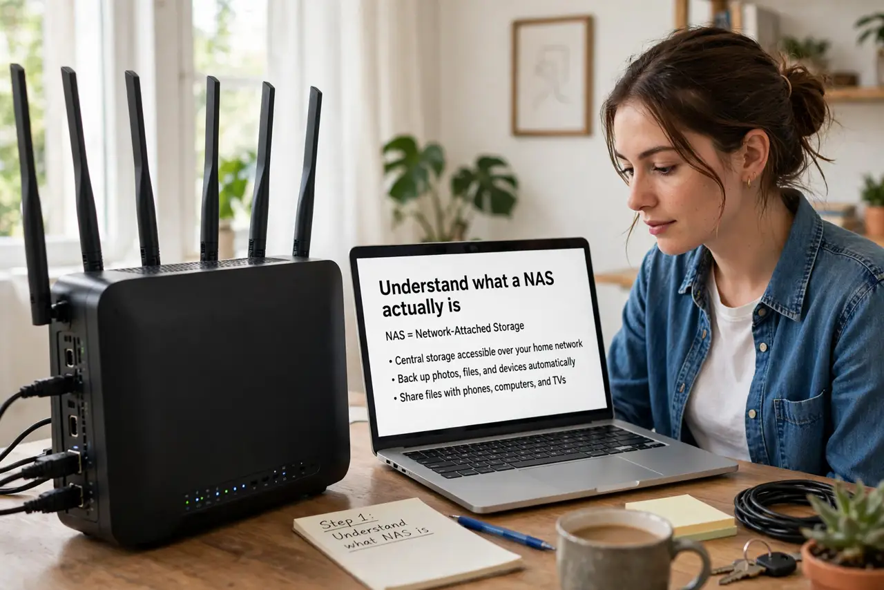 A person calmly performing the guide's first step: Understand what a NAS actually is.