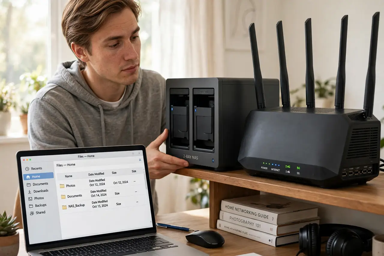 a person placing a real two-bay NAS box on a home office shelf next to a router, a laptop open nearby showing a file browser, the person's face curious and thoughtful, daylight. No.