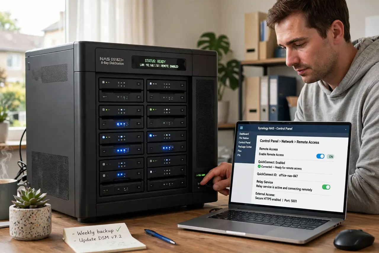 Photoreal photo of a person performing the first step: Use your NAS maker's remote-access feature. Most NAS brands offer a relay service you enable...