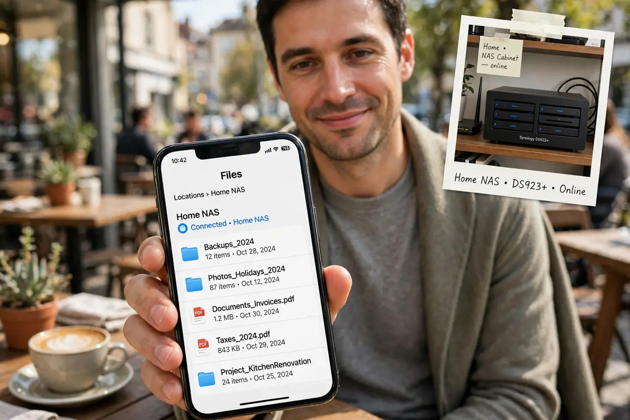 Photoreal photo: a person at a cafe holding a real phone showing files from a home NAS with legible filenames, a real NAS box visible in a small inset photo at home, the person's face satisfied. No black screen, no...