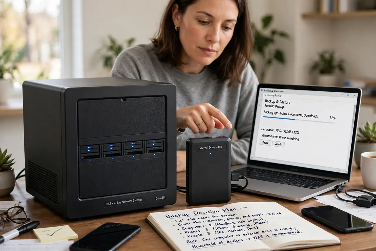 A person performing step 1 of the guide: List who needs the backup. Count the computers, phones, and people involved. One computer means an external drive is enough; a household...