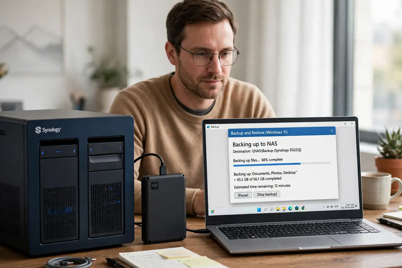a calm adult at a desk with a real NAS box and a real external hard drive side by side, a laptop showing a normal backup window with legible text