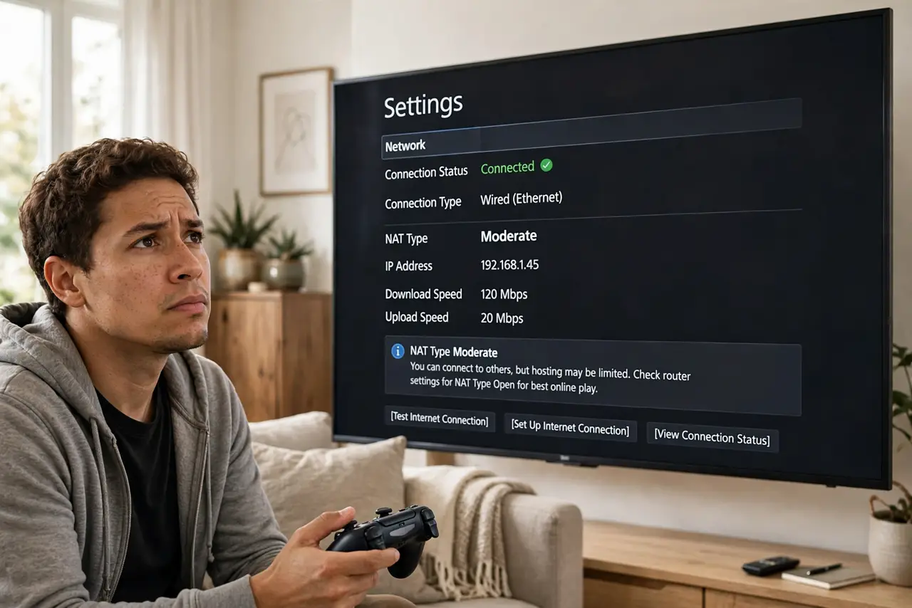a person looking at a real TV showing a game console network settings screen with NAT type legibly displayed, game controller in hand, the person's face puzz...