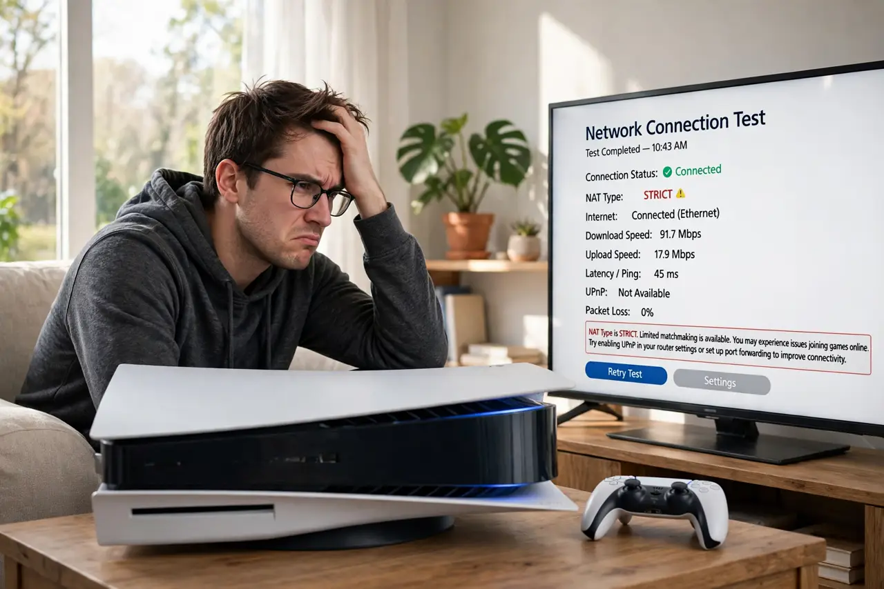 a person gaming on a real console with a network test screen showing NAT type with legible text, the person's face frustrated. No black screen, no blank white screen, no fake or ga.