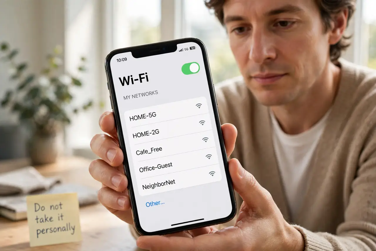 Step 1 in action for Neighbor's Wi-Fi Stronger Than Yours: Do not take it personally.