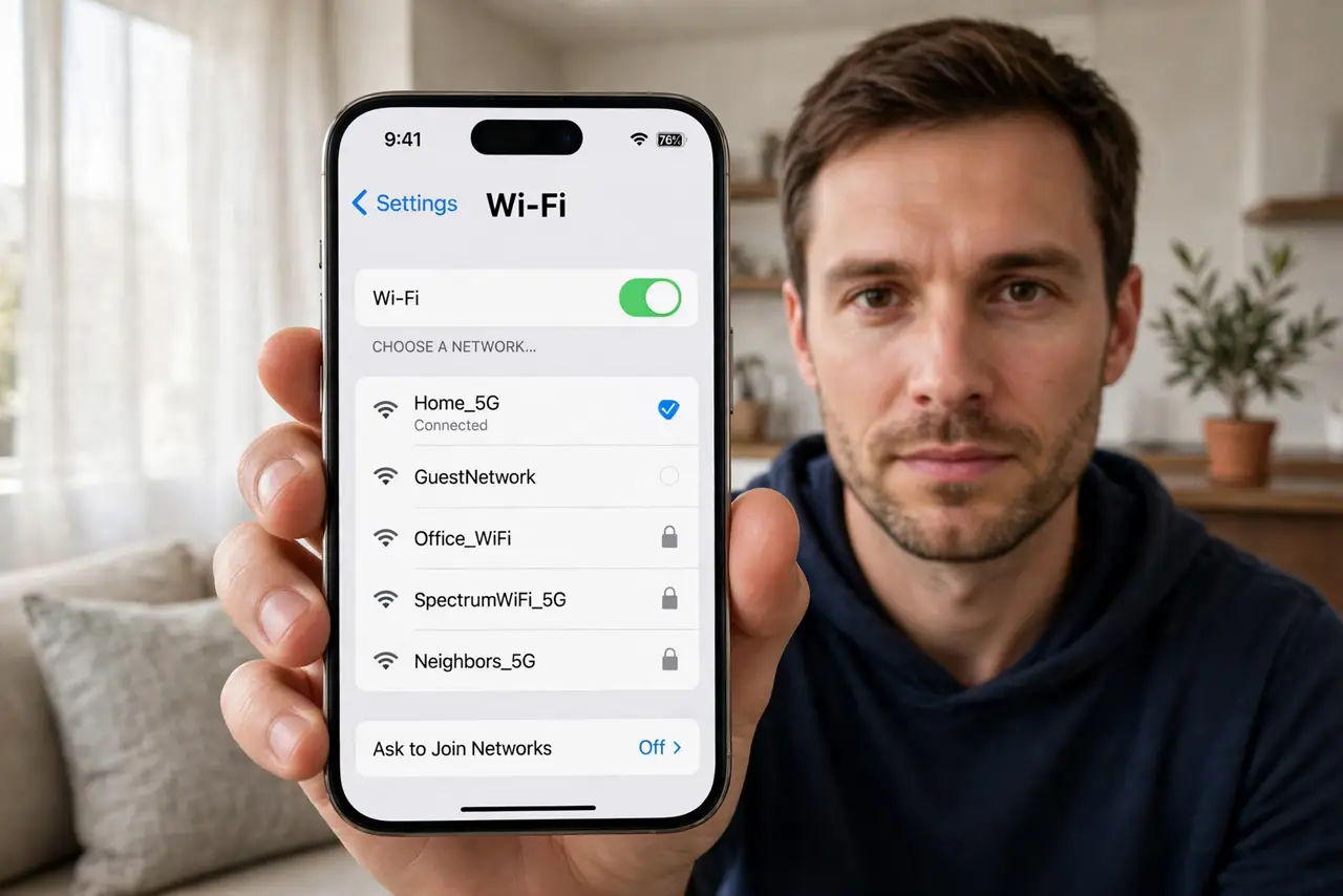 Neighbor's Wi-Fi Stronger Than Yours — a calm adult in an apartment holding a real phone showing a Wi-Fi list with several network names fully legibl