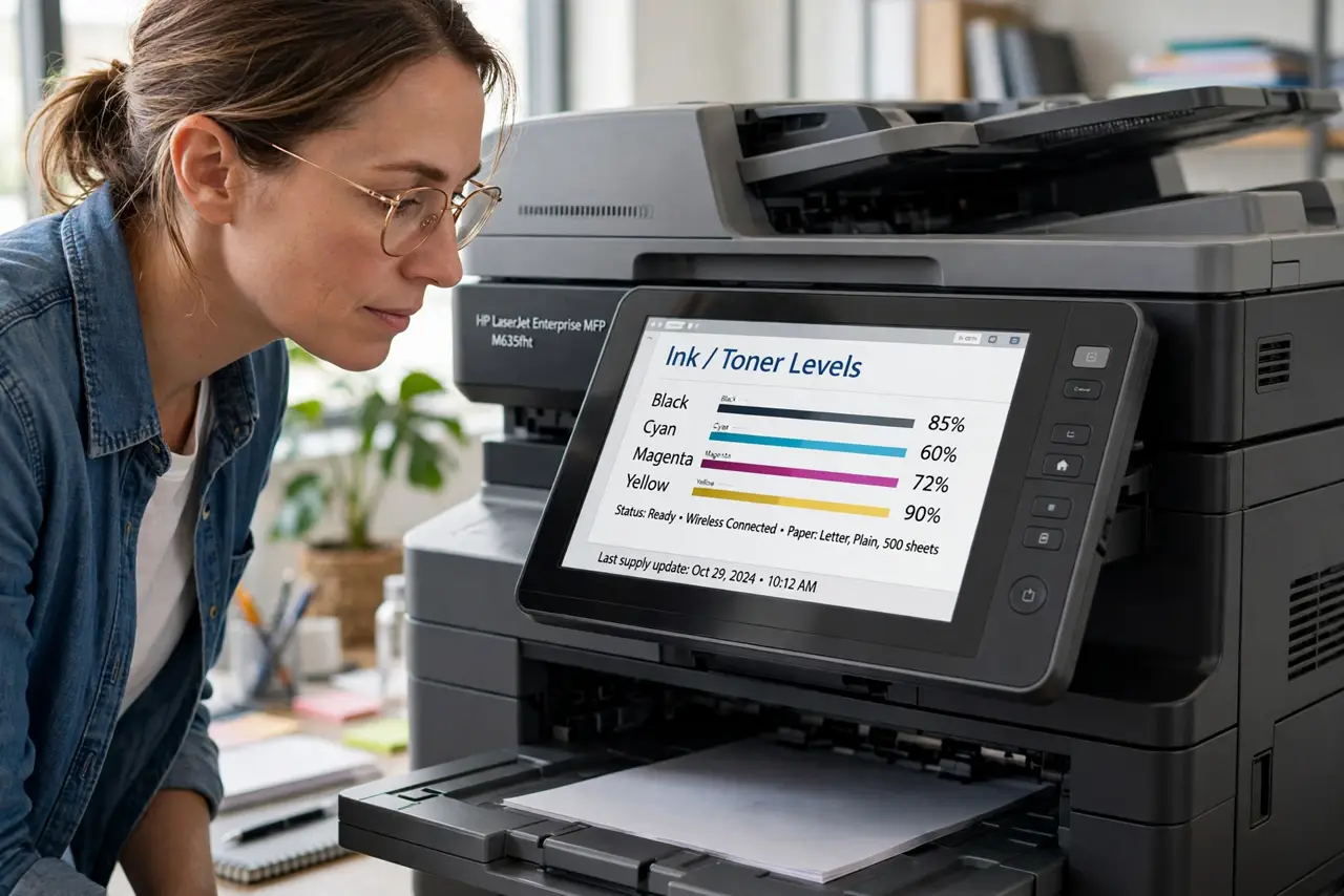 A focused woman checking ink levels on the printer control panel.