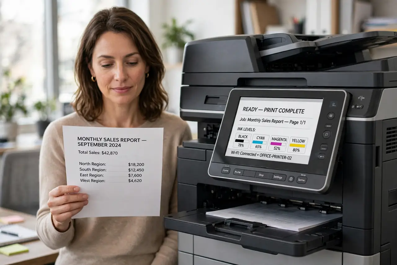 A calm woman standing beside a network printer holding a freshly printed page, ink levels on the panel.
