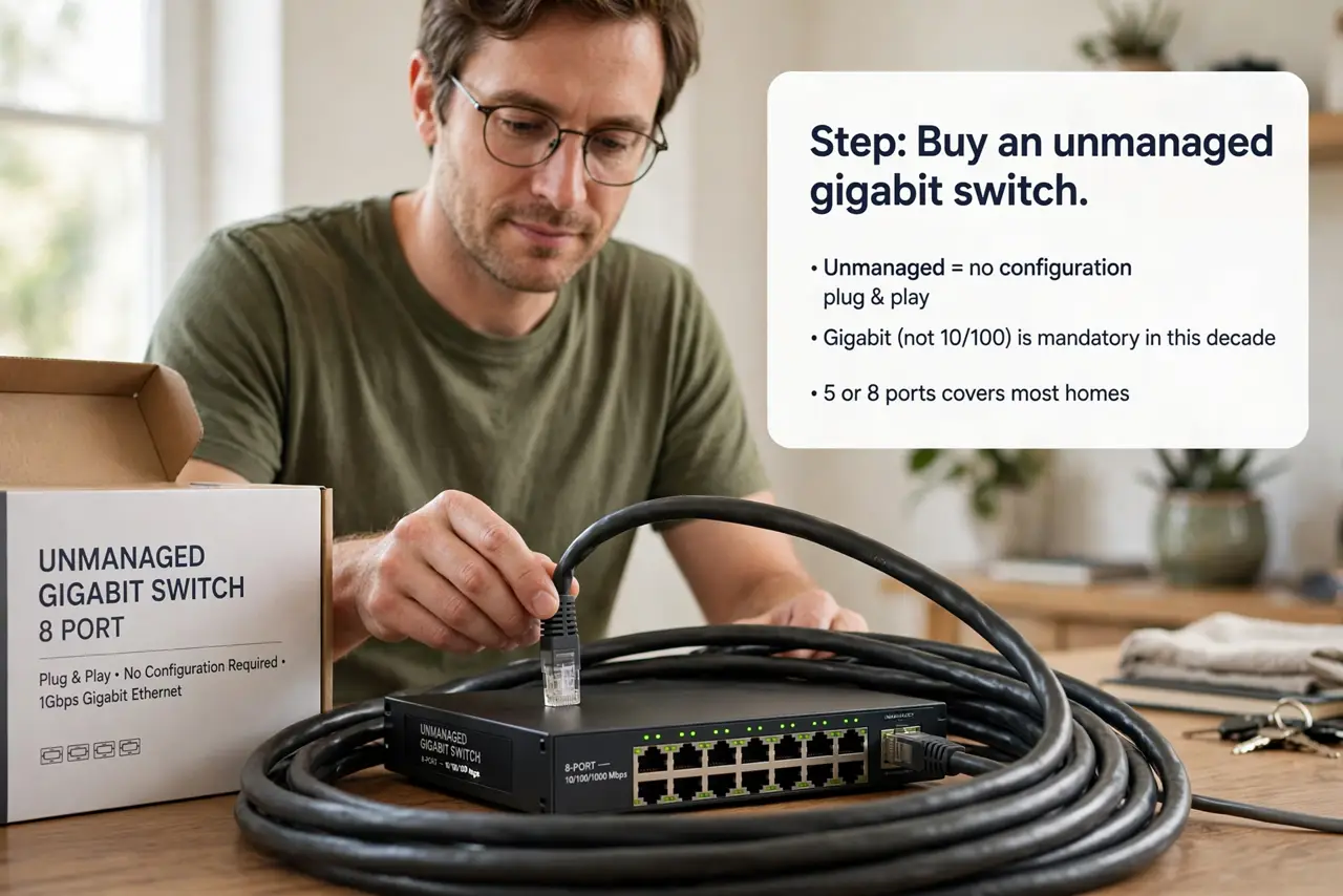 A person performing step 1: Buy an unmanaged gigabit switch. Unmanaged means no configuration — plug and play. Gigabit (not 10/100) is man.