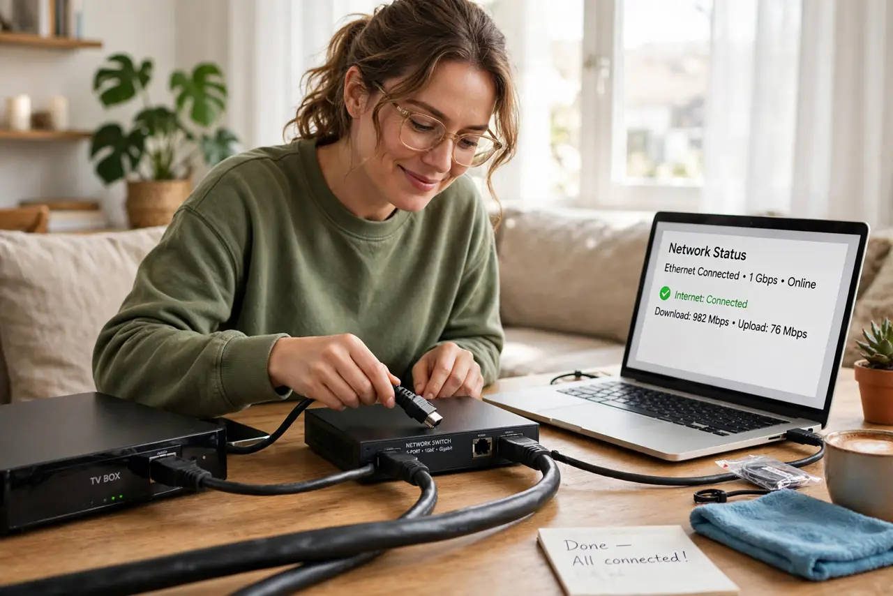 A person plugging real ethernet cables into a small real network switch on a desk, cables running to a TV box and a laptop, the person's face satisfied,.