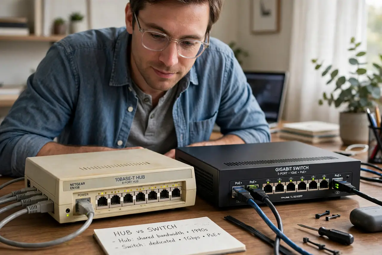 a person comparing a real old network hub and a real modern switch side by side on a desk, ethernet cables connected, the person's face curious, home office.